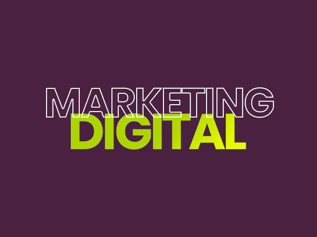 Imagem em fundo roxo escuro com a escrita Marketing Digital em letras maiúsculas. A palavra marketing é o contornada em branco e digital colorida em um dégradé na horizontal em verde claro e amarelo.